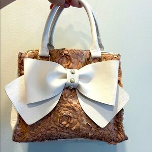 Betsey Johnson Cream Bow Accent Tan Rose-Textured Shoulder Bag